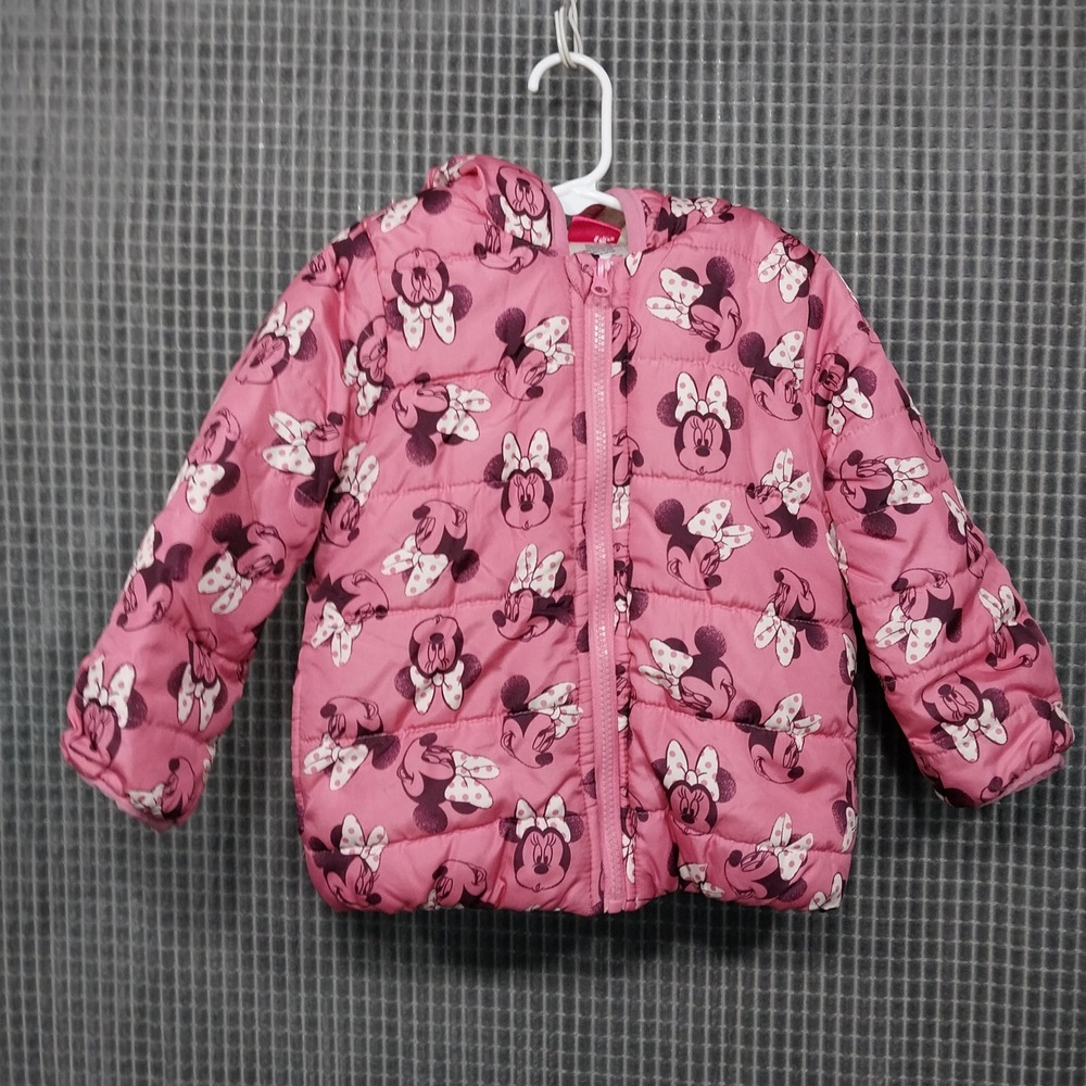 Disney Girls Puffer Jacket Minnie Mouse Hooded Ears Bow 3T Pink